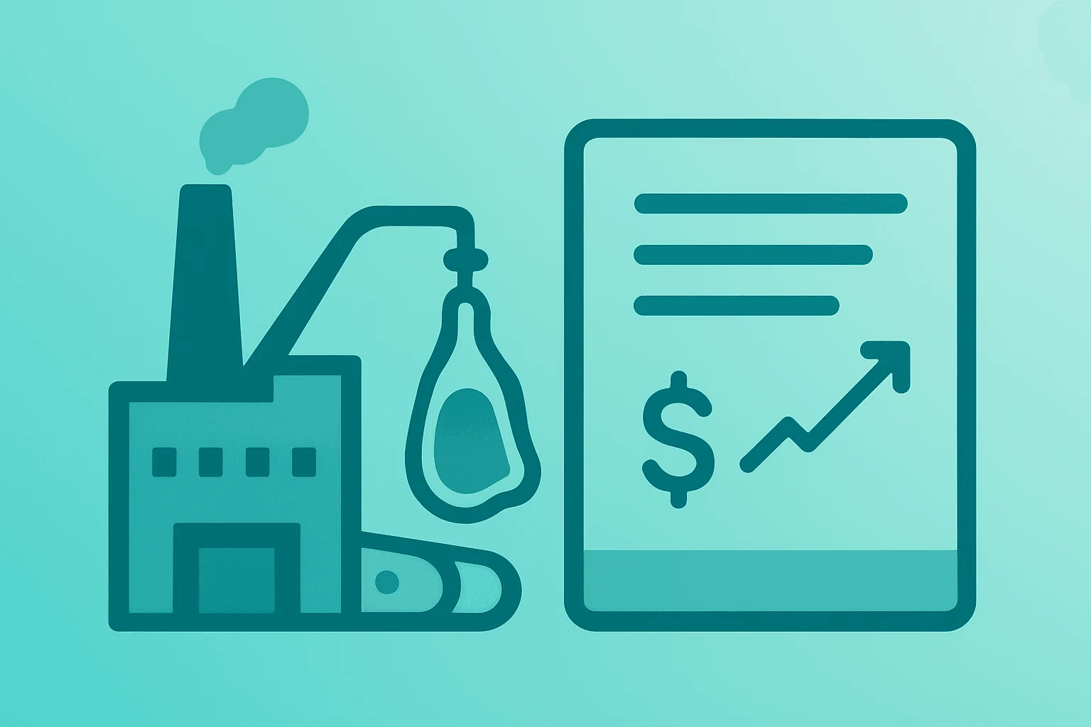 Flat filled vector of a meatpacking plant merged with a ledger to symbolize Tyson Foods Q2 2026 earnings lift and guidance.