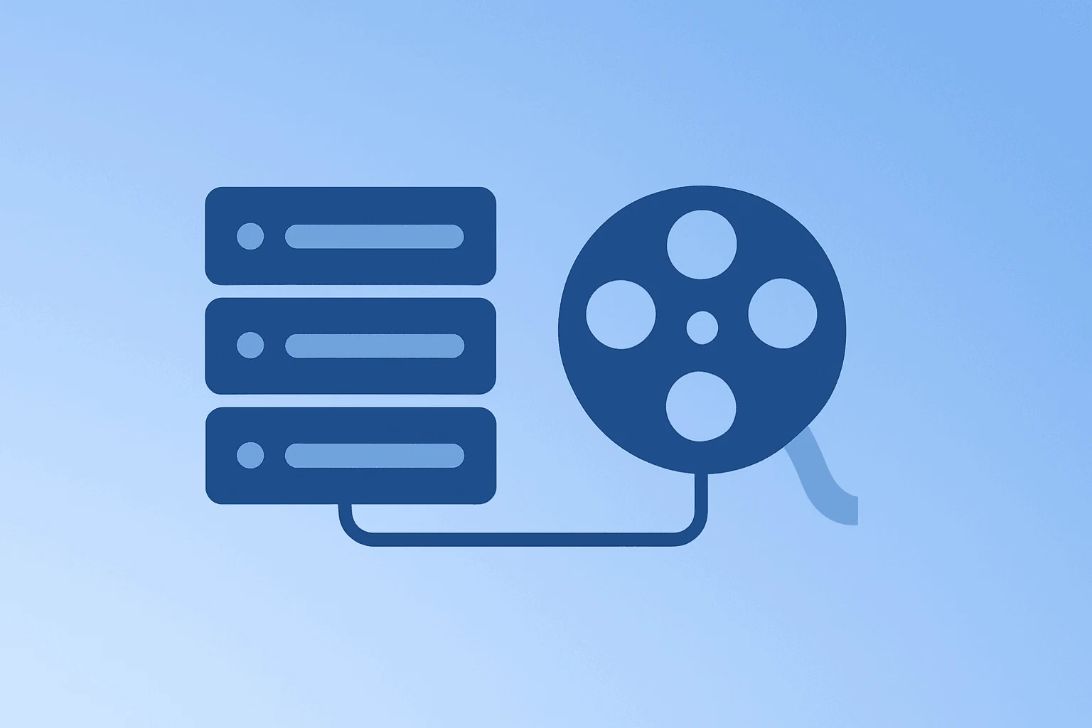Flat vector of a server splitting into a film reel and fiber cable, symbolizing the Comcast spin-off and capital split.