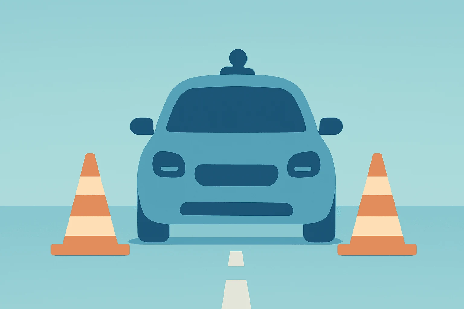 Flat vector of a robotaxi blocked by cones on a closed freeway lane, illustrating the Waymo recall and OTA software fix.