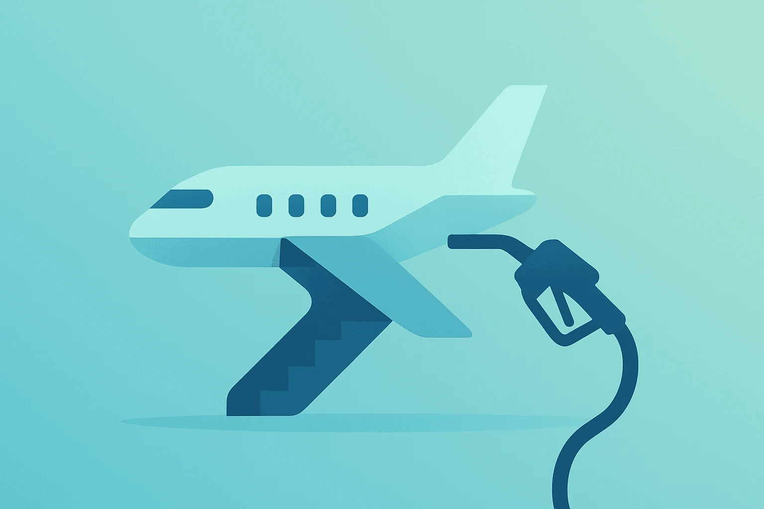 Flat vector of a stylized jet and a muted fare ribbon with a shadowed fuel nozzle, symbolizing Ryanair profit falls.