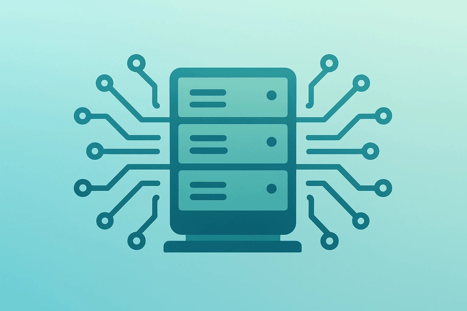 Centered flat vector of a server rack with circuit traces symbolizing tech infrastructure behind the S&P 500 April rally.