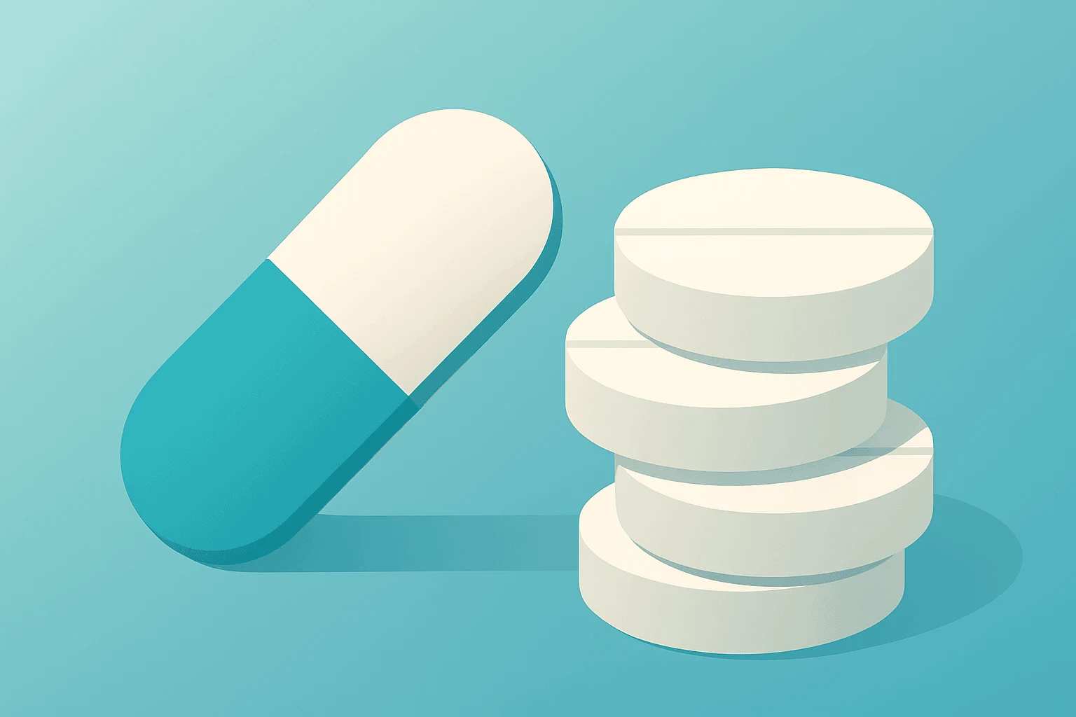 Flat vector of a medicine capsule merging into stacked tablets depicting the Supernus Indivior merger.