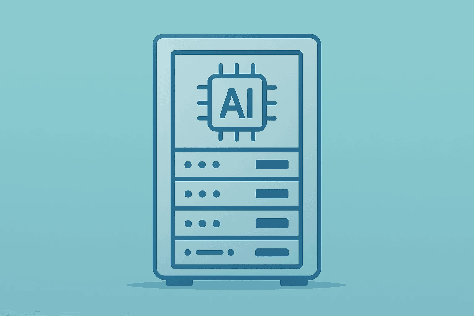 Flat filled vector of a server rack fused with an AI chip to illustrate Amazon Trainium chips entering external sales.
