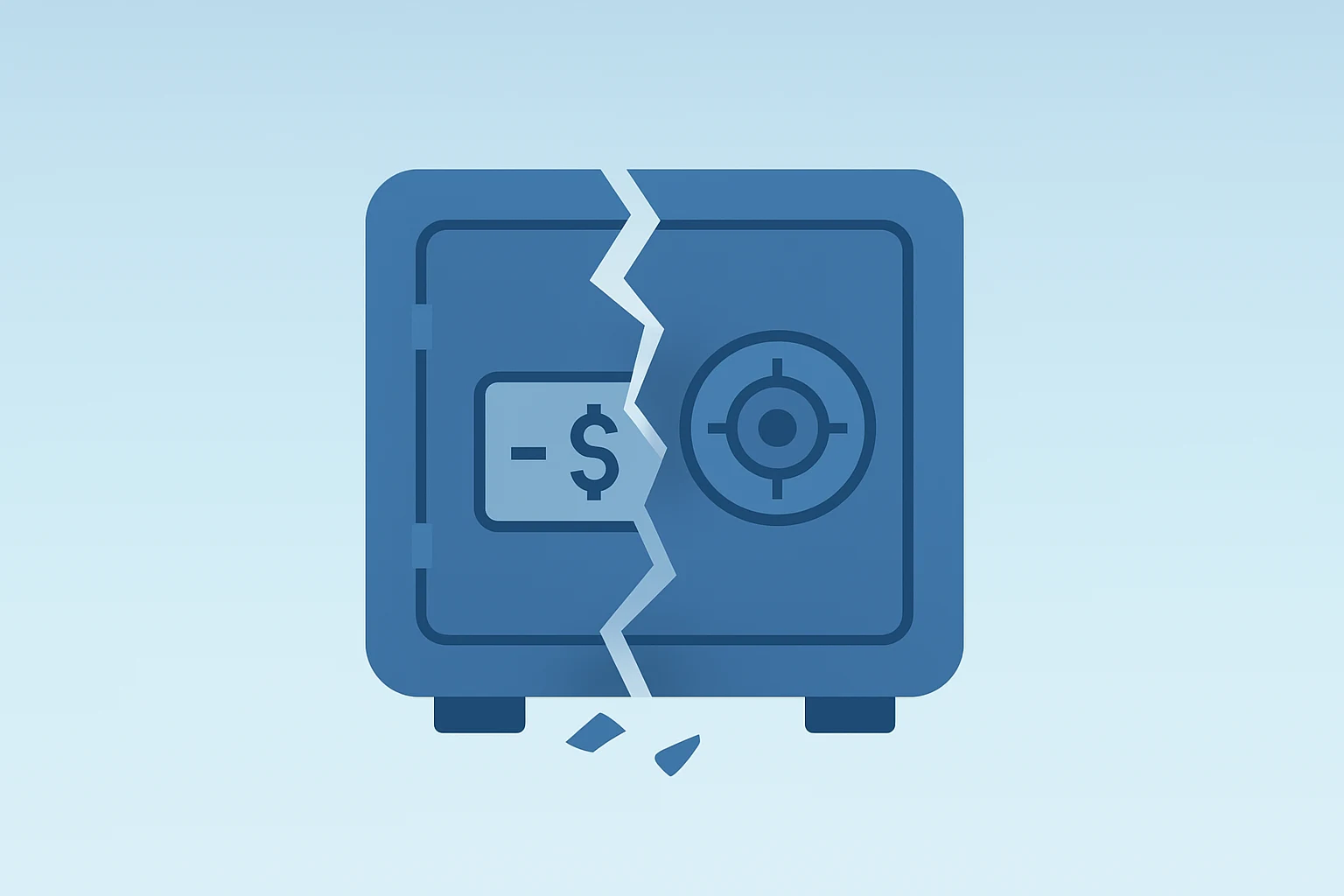 Flat vector of a payments vault with a fractured shell symbolizing PayPal takeover interest, clean forms and a subtle shadow.